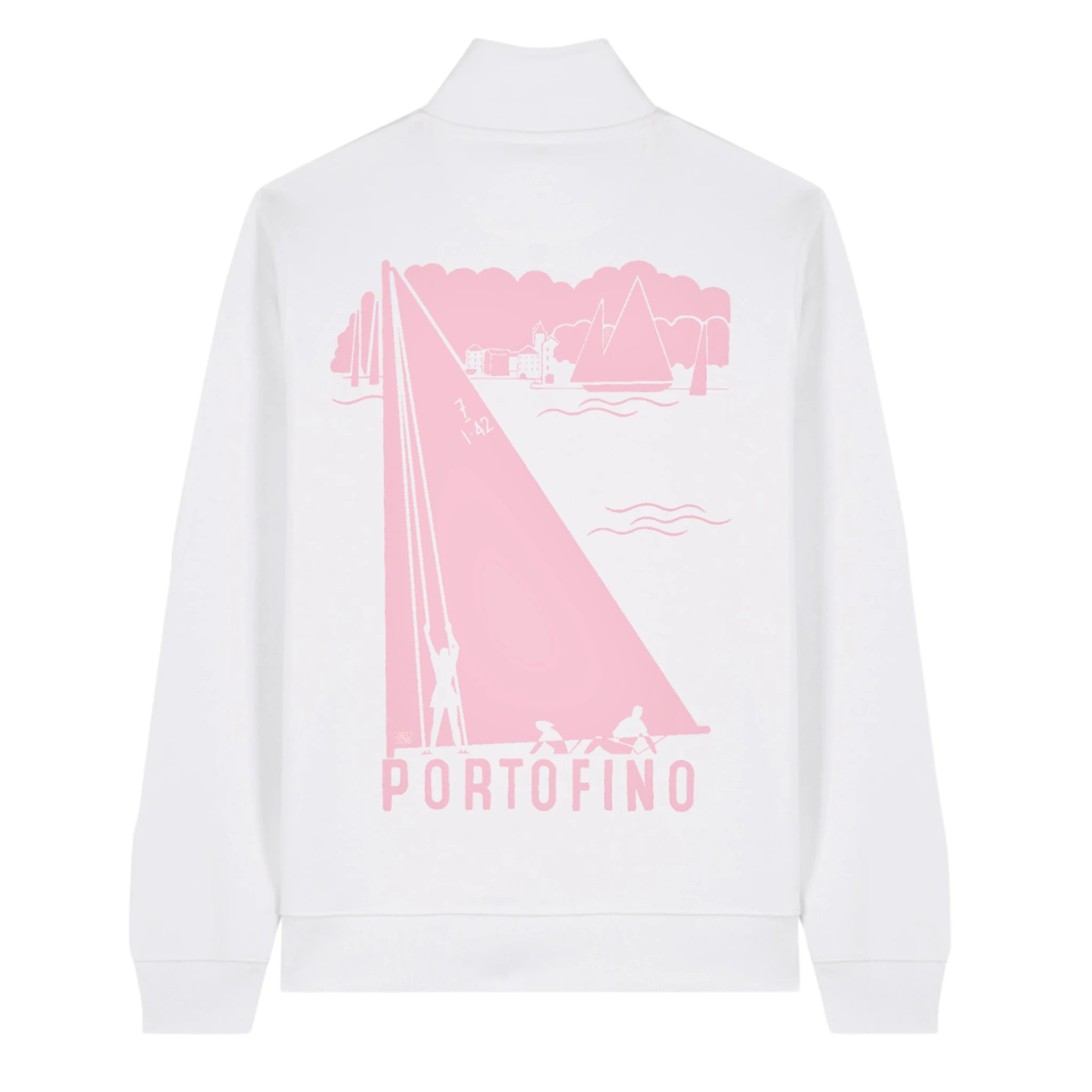 Felpa Portofino bianca con stampa rosa e zip cotone biologico sostenibile Cabina 42 Collection Alessandra Gallo