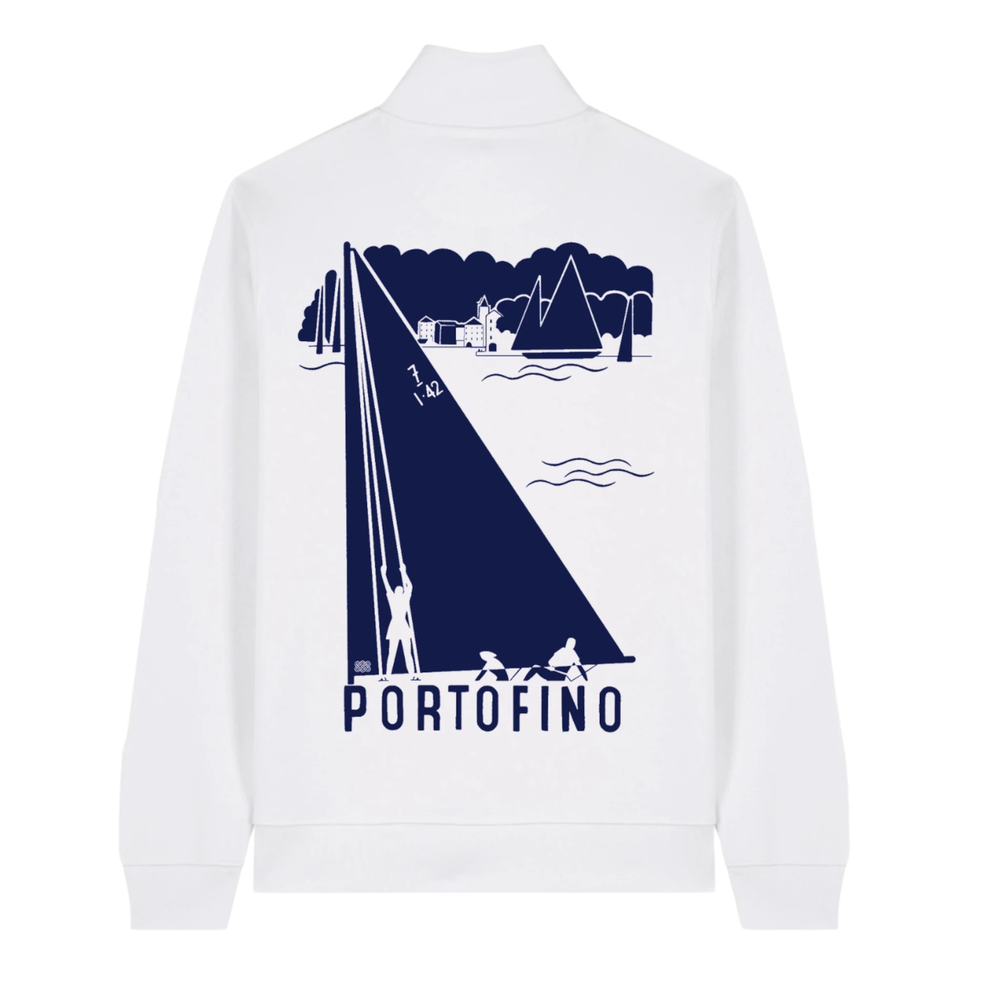 Felpa Portofino bianca con stampa blu e zip cotone biologico sostenibile Cabina 42 Collection Alessandra Gallo