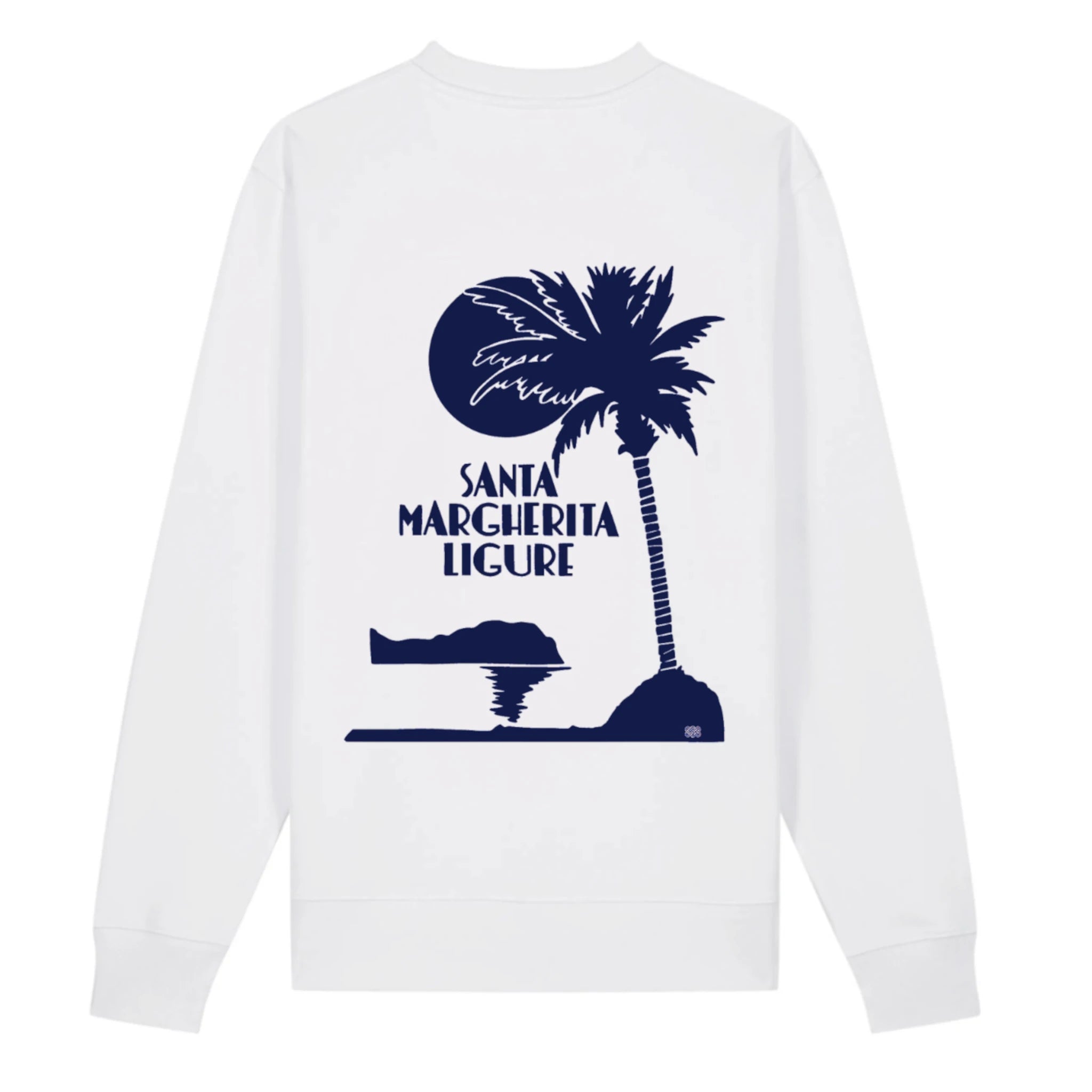 Felpa Santa Margherita bianca stampa blu cotone biologico sostenibile Cabina 42 Collection Alessandra Gallo