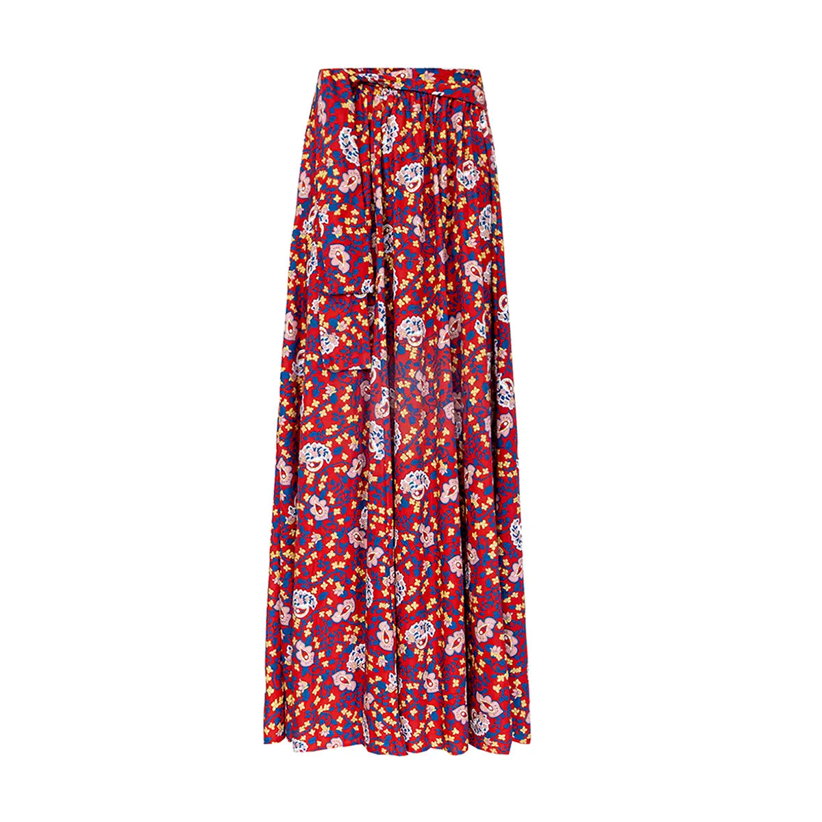 gonna lunga FIORDALISA di Alessandra Gallo con vita elasticizzata e fusciacca in cotone fantasia Red Obsession - §the Obsession Collectionn - Made in Italy - vista frontale