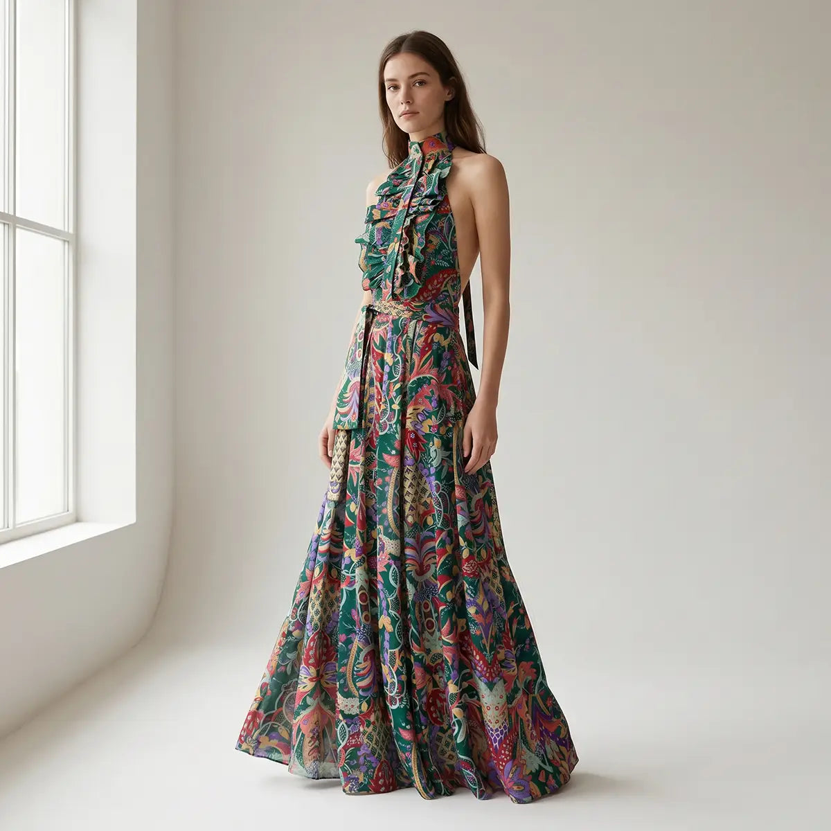 gonna lunga FIORDALISA di Alessandra Gallo con vita elasticizzata e fusciacca in cotone fantasia Pergola - Printemps Collectionn - Made in Italy - indossato frontale