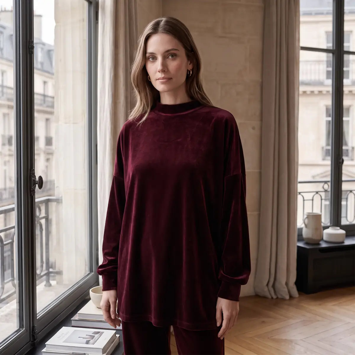 FLORENCE, felpa collo alto in ciniglia bordeaux con maniche lunghe e linea ampia, su modella.