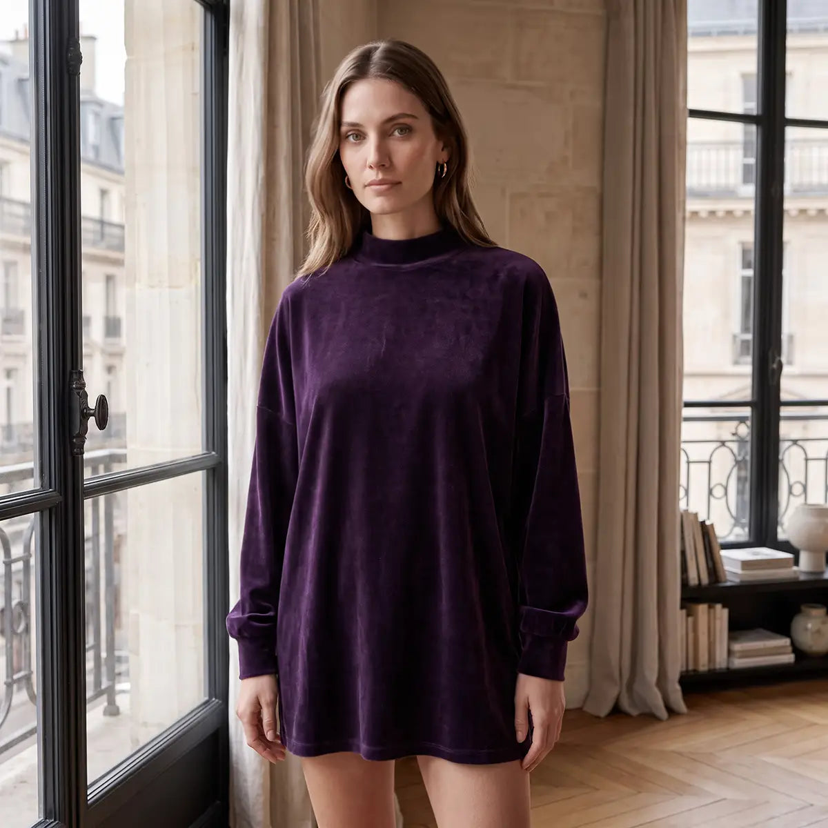 FLORENCE, felpa collo alto in ciniglia viola con maniche lunghe e linea ampia, su modella.