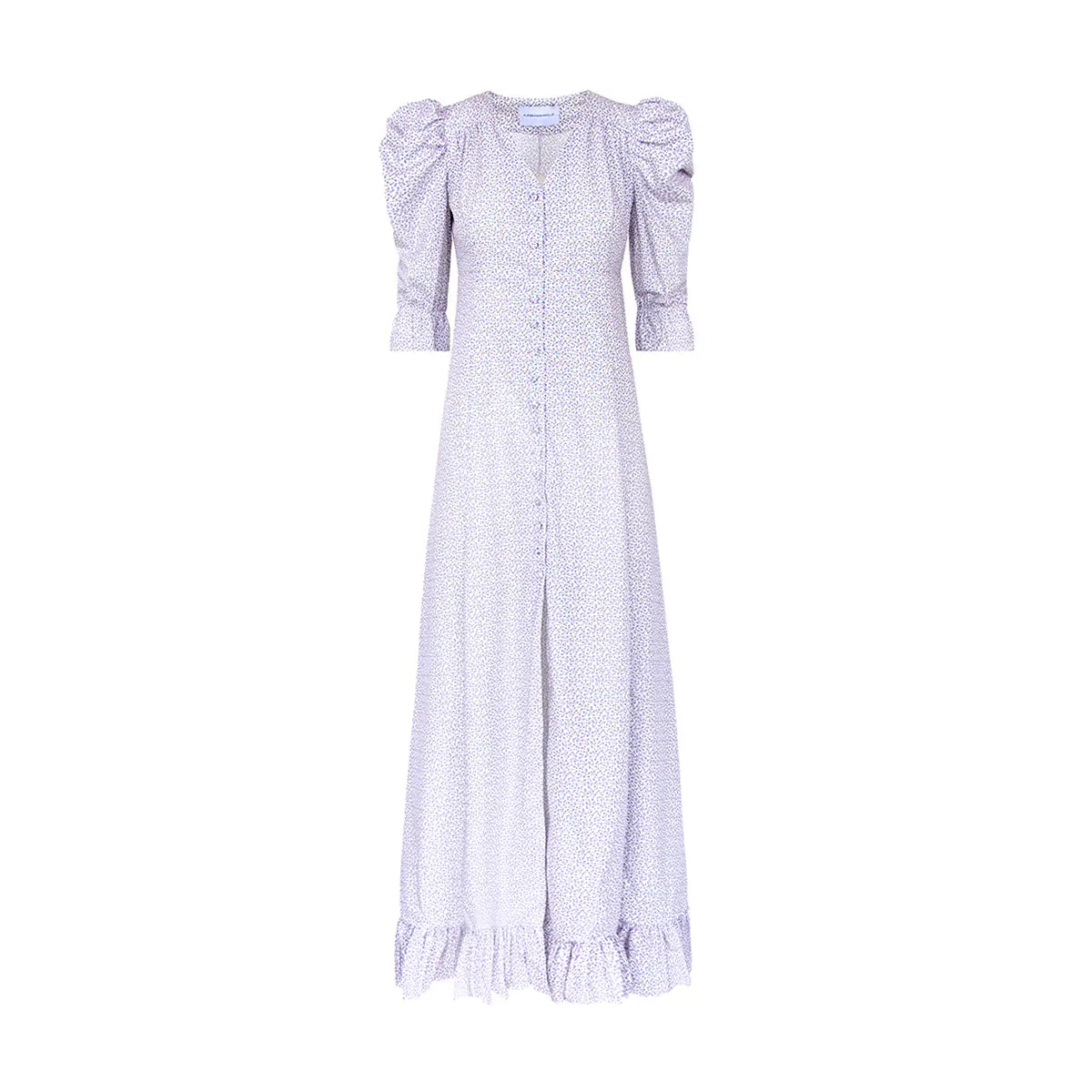 Abito lungo GIGLIO di Alessandra Gallo con scollo a V, bottoni foderati centrali, maniche a 3/4 a sbuffo e volant in cotone fantasia Nets - Made in Italy - Printemps Collection - vista frontale