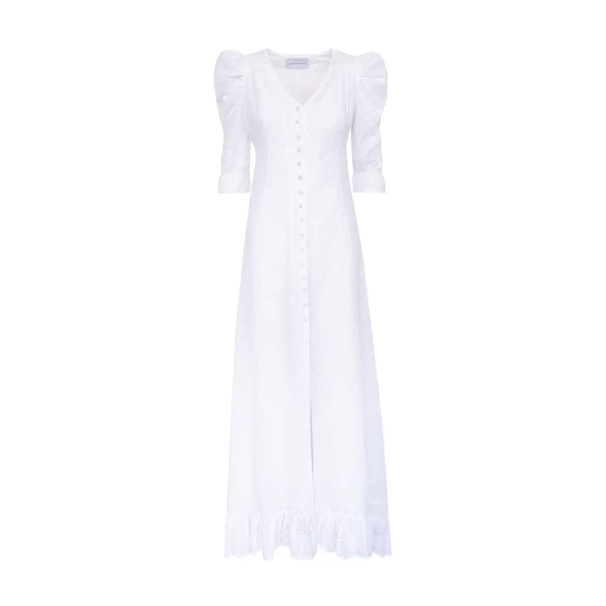 Abito lungo GIGLIO di Alessandra Gallo con scollo a V, bottoni foderati centrali, maniche a 3/4 a sbuffo e volant in cotone sangallo - Made in Italy - Broderie Collection - vista frontale