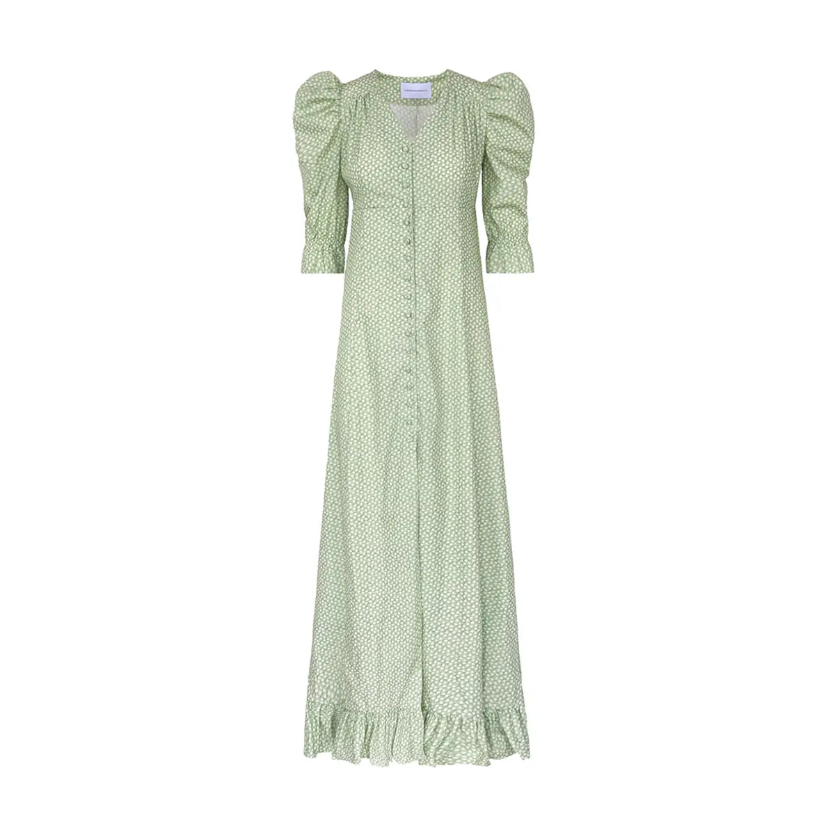 Abito lungo GIGLIO di Alessandra Gallo con scollo a V, bottoni foderati centrali, maniche a 3/4 a sbuffo e volant in cotone fantasia Villa D'aste - Made in Italy - Printemps Collection - vista frontale