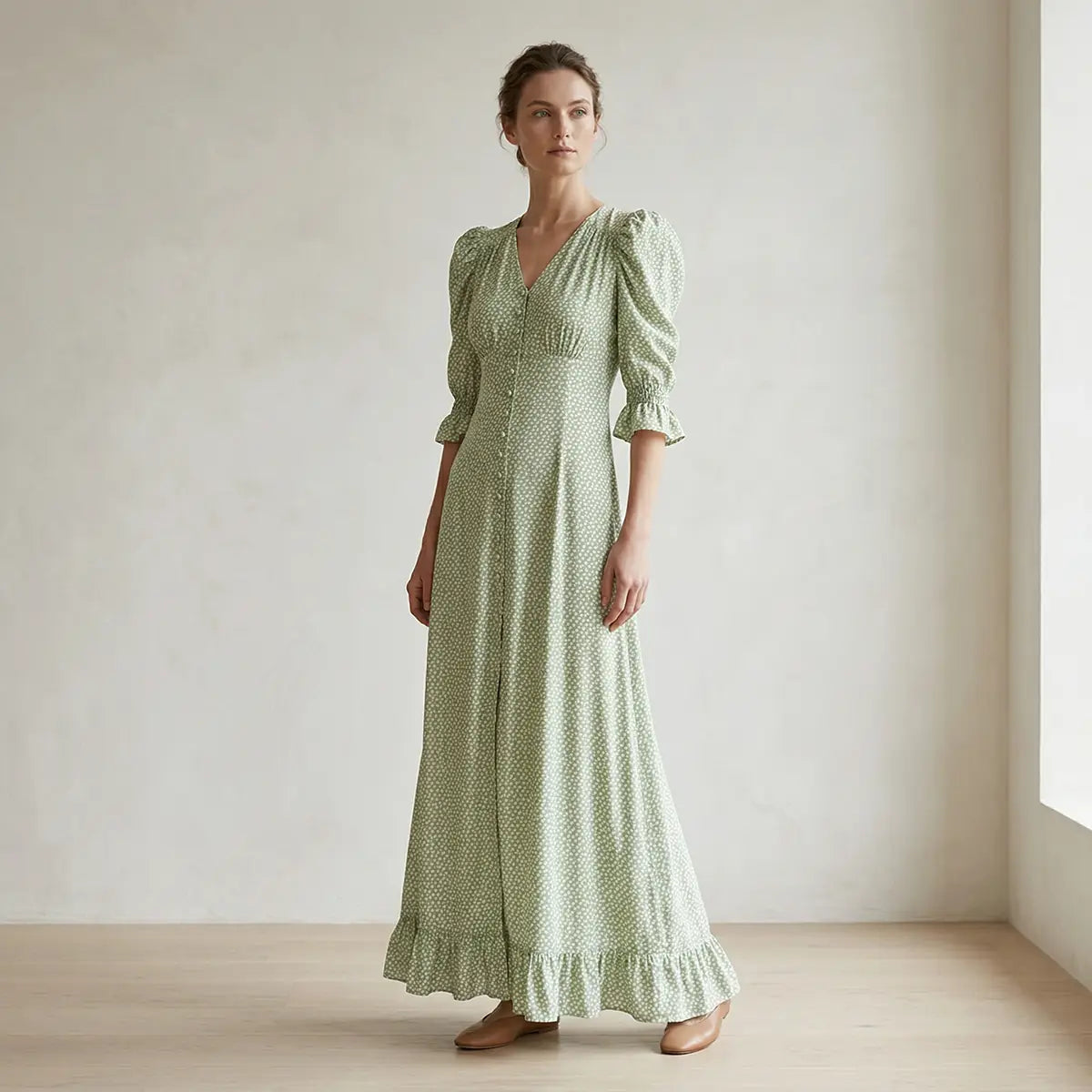 Abito lungo GIGLIO di Alessandra Gallo con scollo a V, bottoni foderati centrali, maniche a 3/4 a sbuffo e volant in cotone fantasia Villa D'aste - Made in Italy - Printemps Collection - indossato frontale