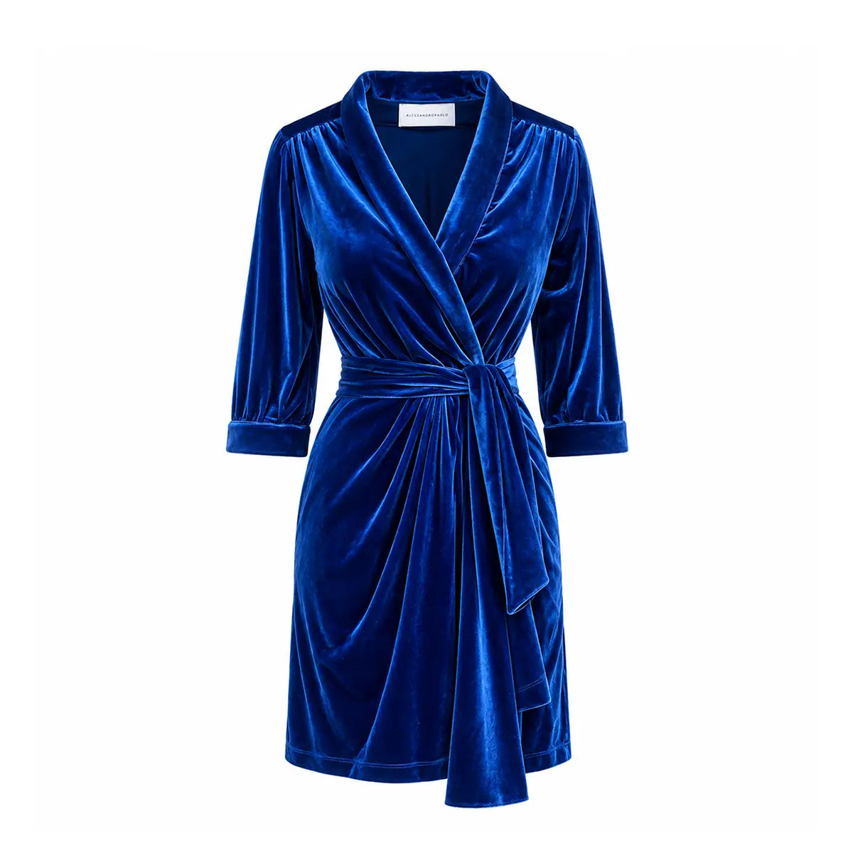 GINEVRA MINI, abito corto in ciniglia blu elettrico con revers e cintura annodata.
