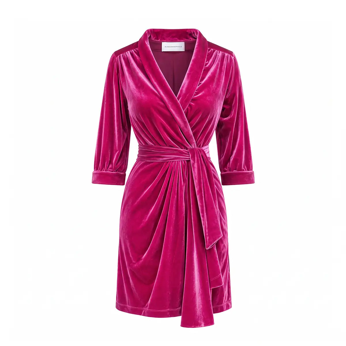 GINEVRA MINI, abito corto in ciniglia fucsia con revers e cintura annodata.