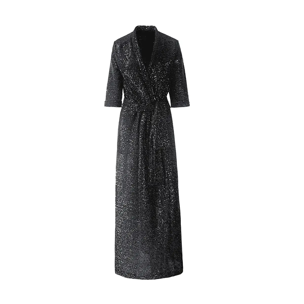 Abito lungo a portafoglio GINEVRA di Alessandra Gallo in paillettes nero con maniche corte, scollo a V e cintura in vita - vista frontale - The Light Collection