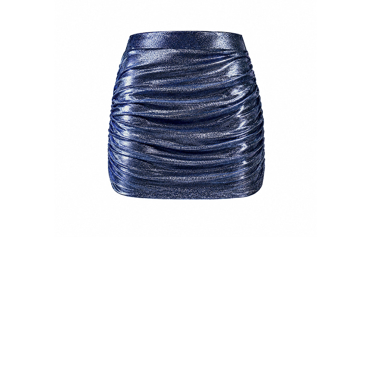 NINA, minigonna drappeggiata in lurex blu.