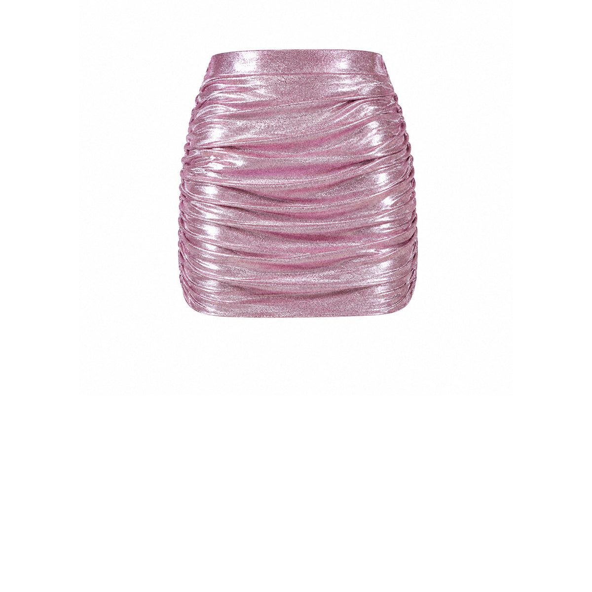 NINA, minigonna drappeggiata in lurex rosa.