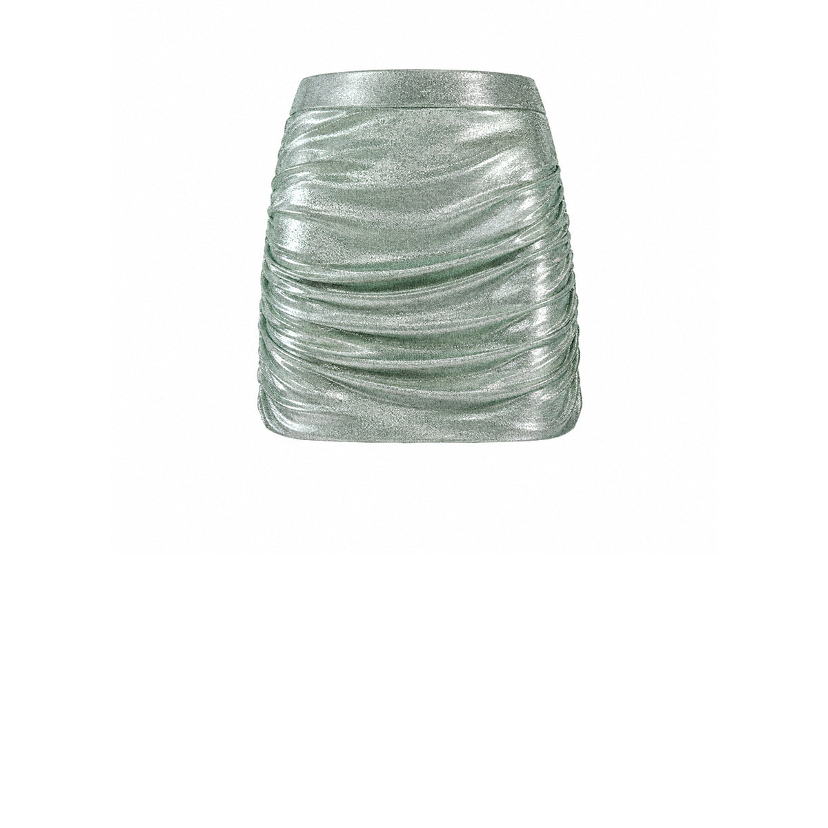 NINA, minigonna drappeggiata in lurex verde chiaro.