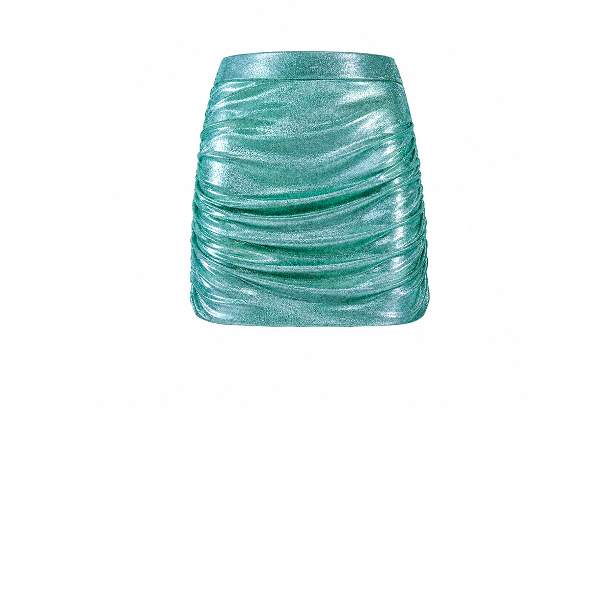 NINA, minigonna drappeggiata in lurex verde.