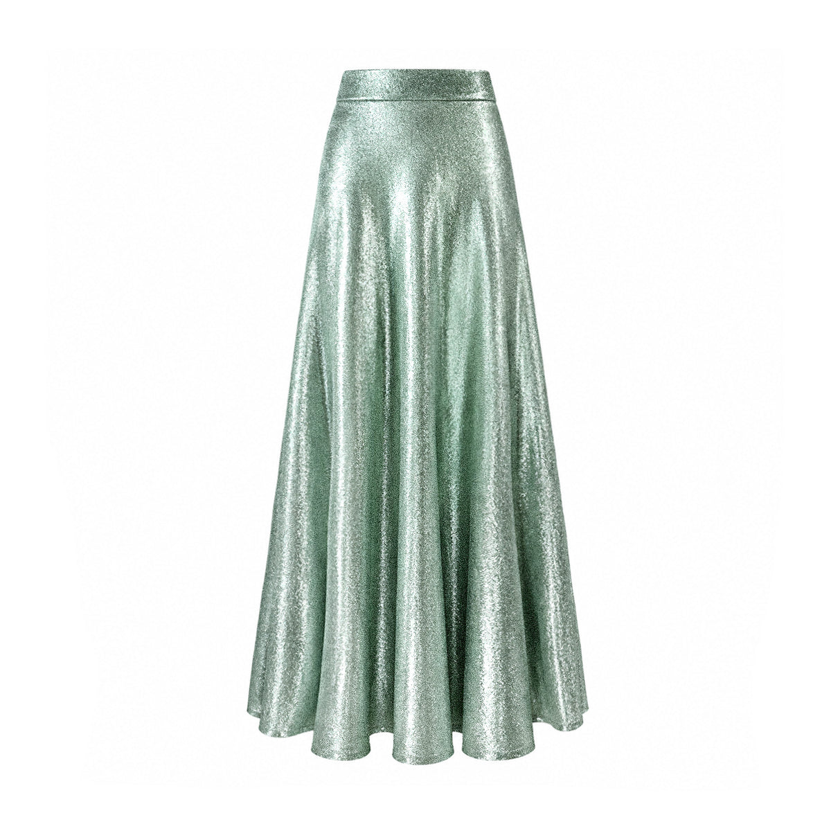 TOSCA, gonna lunga in lurex verde chiaro con linea svasata.