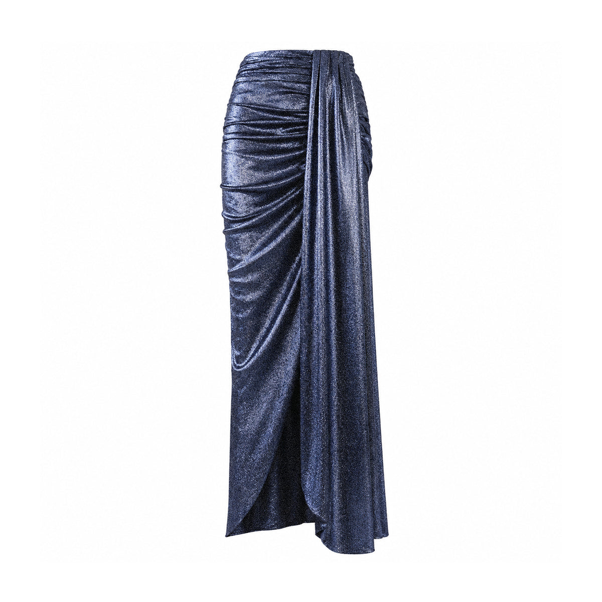 AMANDA, gonna lunga con spacco in lurex blu, drappeggio sul fianco.