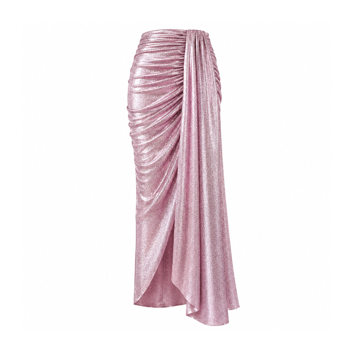 AMANDA, gonna lunga con spacco in lurex rosa, drappeggio sul fianco.