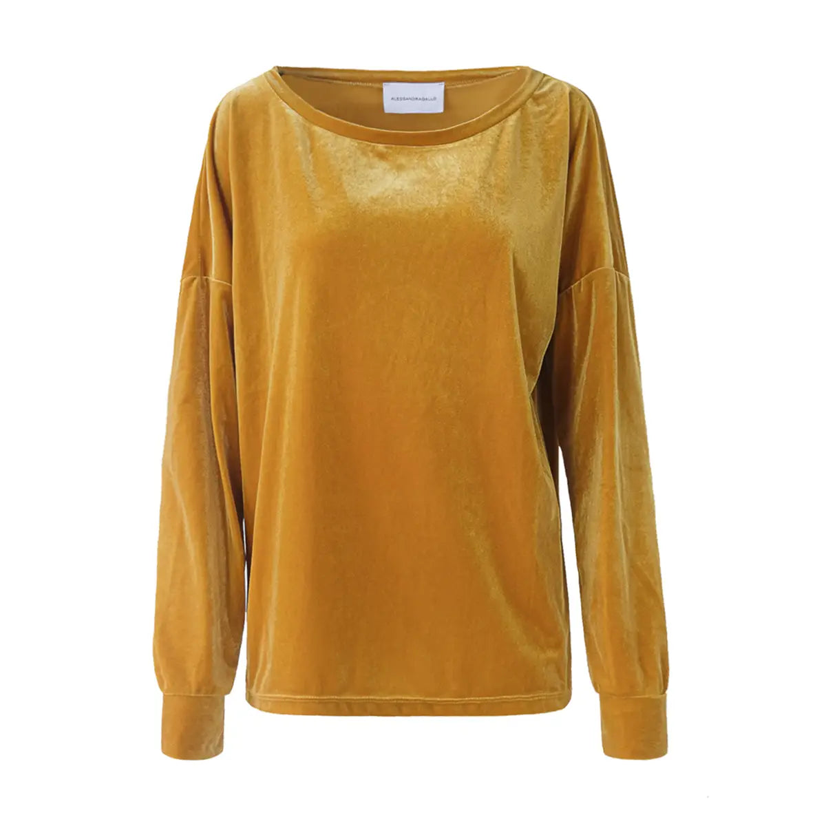 Felpa LAVINIA di Alessandra Gallo in ciniglia ocra con scollo barchetta e maniche lunghe - vista frontale - Day&Night Collection