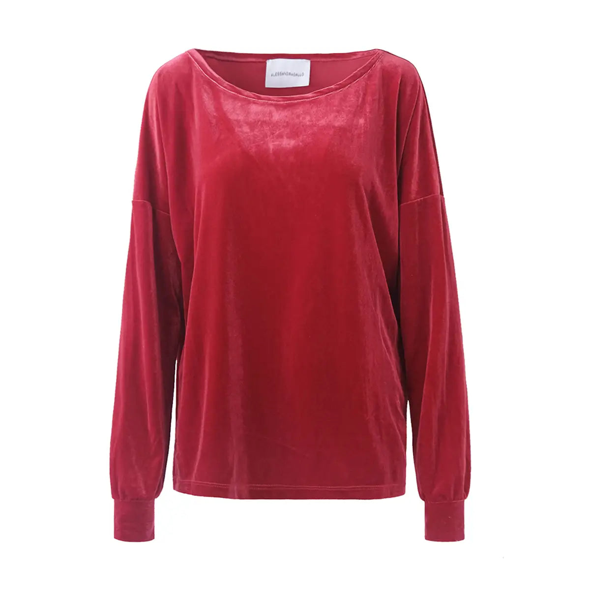 Felpa LAVINIA di Alessandra Gallo in ciniglia rosso con scollo barchetta e maniche lunghe - vista frontale - Day&Night Collection