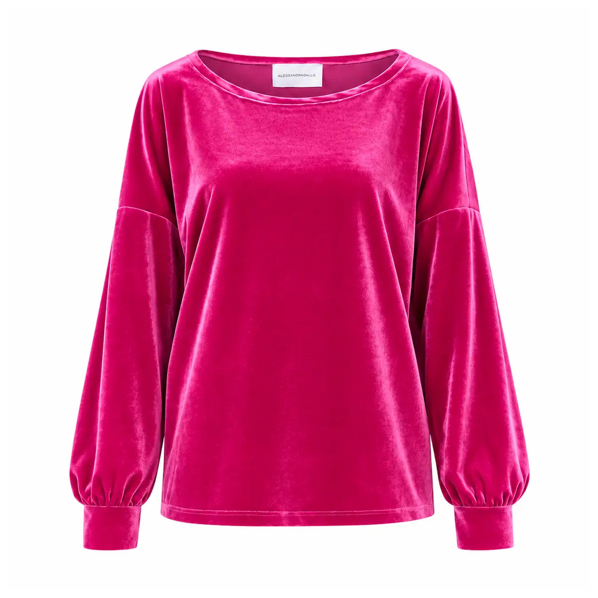 LAVINIA, felpa in ciniglia fucsia con scollo a barchetta, maniche ampie raccolte ai polsi.