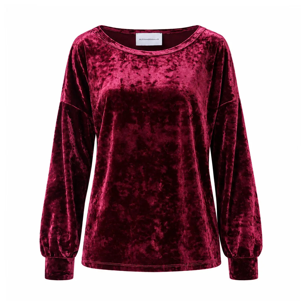 LAVINIA, felpa in ciniglia martellata bordeaux con scollo a barchetta, maniche ampie raccolte ai polsi.