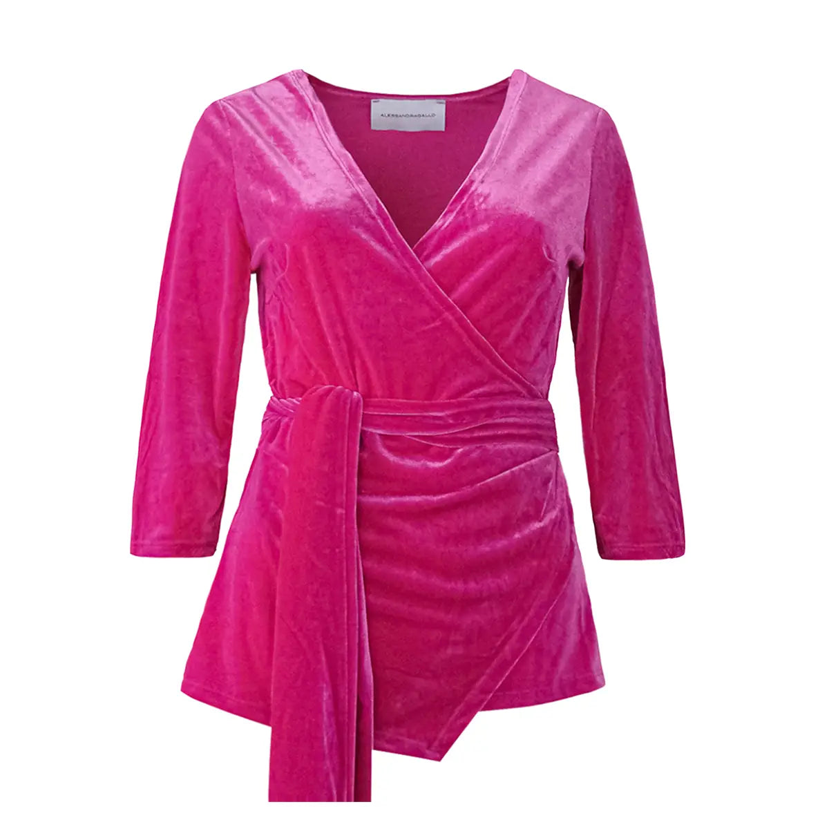 Blusa LEONORE a portafoglio di Alessandra Gallo inciniglia fucsia con maniche a 3/4 e scollo V - vista frontale -Day&Night Collection
