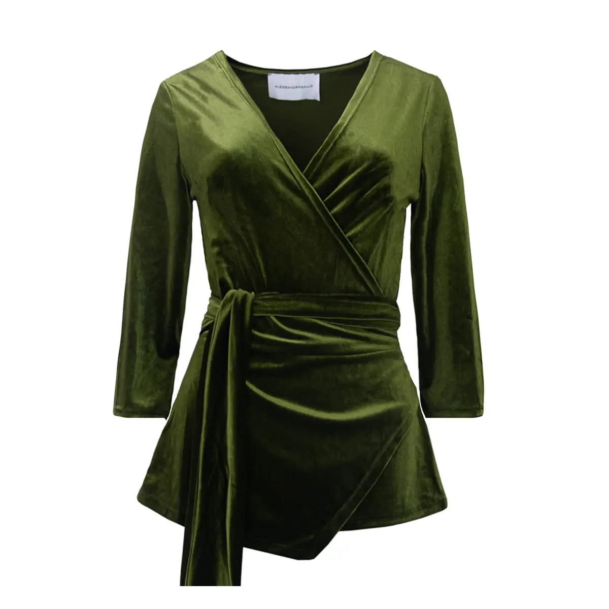 Blusa LEONORE a portafoglio di Alessandra Gallo in ciniglia verde con maniche a 3/4 e scollo V - vista frontale -Day&Night Collection