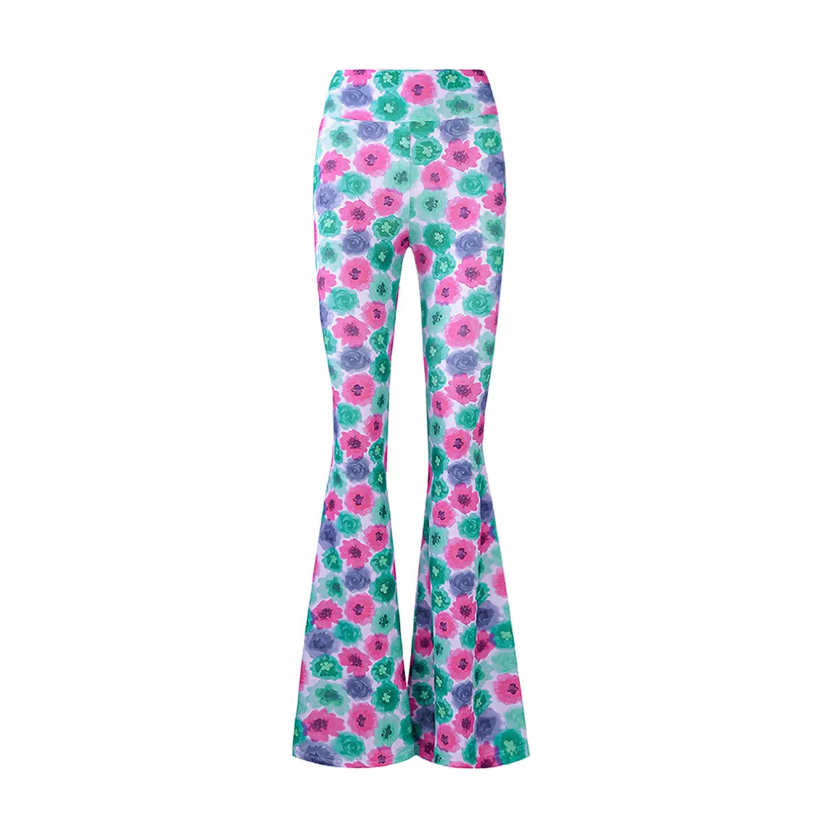 LOLA pantaloni a zampa in lycra in fantasia Peonies con vita alta elasticizzata di Alessandra Gallo - Made in Italy - The Stretch Collection - vista frontale