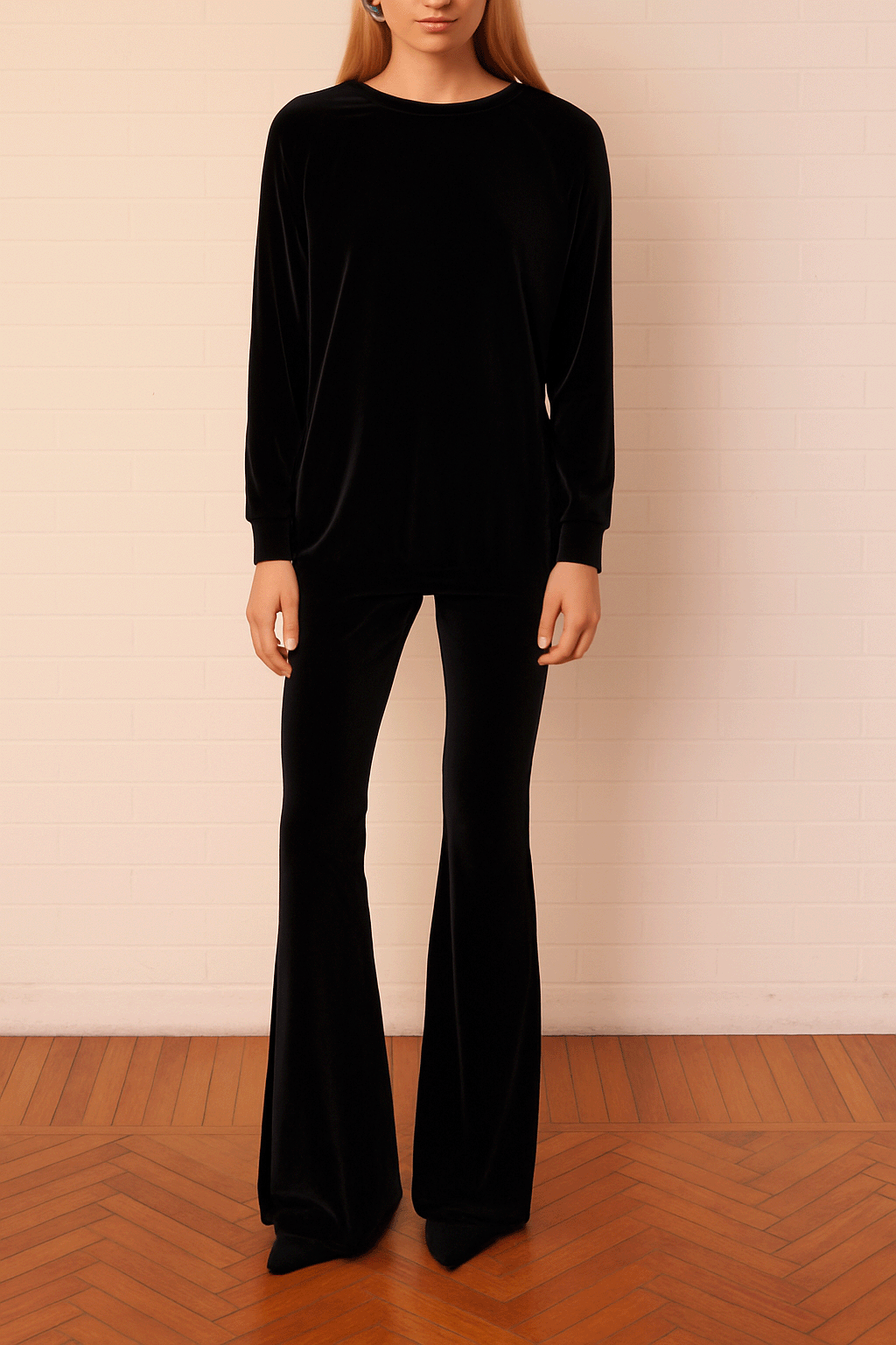 Pantalone LOLA ciniglia nera zampa - indossato frontale Day&Night Collection