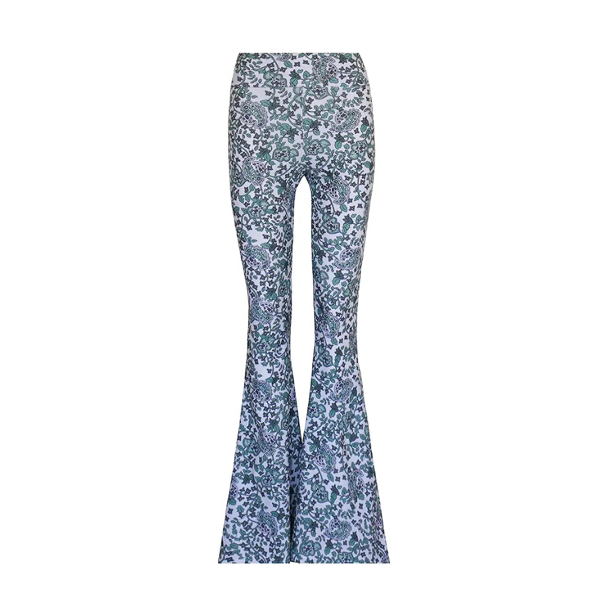 LOLA pantalone a zampa in lycra fantasia Green Obsession con vita alta elasticizzata di Alessandra Gallo - Made in Italy - the Obsession Collection - vista frontale