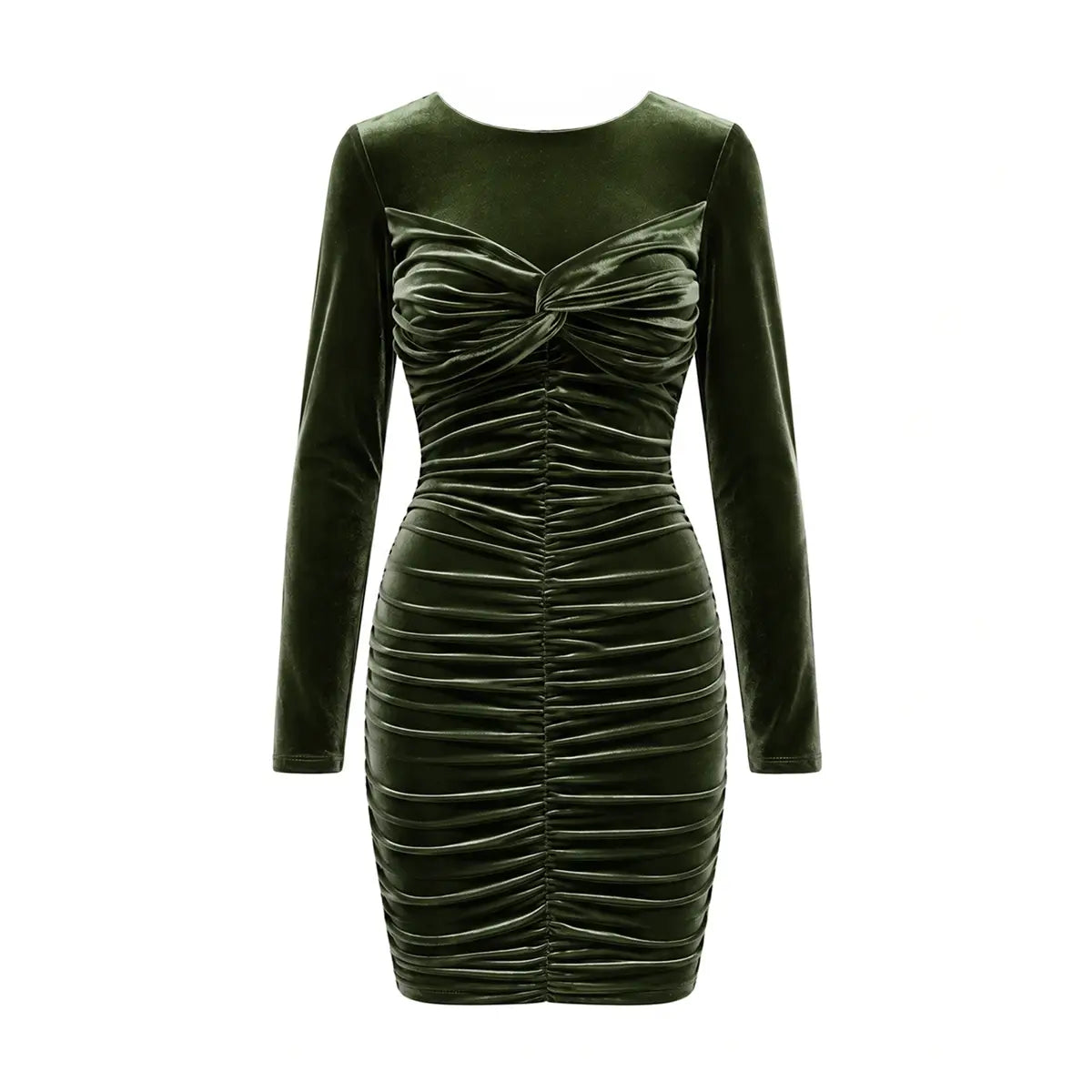 MAGDA, abito corto in ciniglia verde militare con arricciatura centrale e maniche lunghe.
