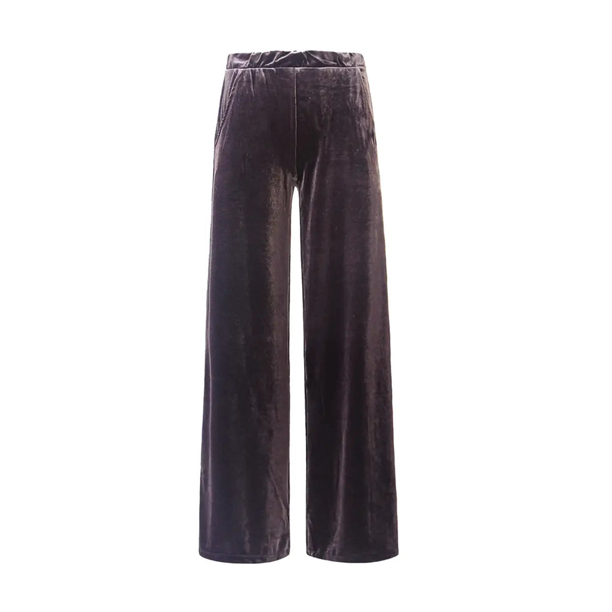 Pantalone palazzo MAXIE di Alessandra Gallo in ciniglia marrone con vita elastica e tasche laterali - vista frontale - Day&Night Collection
