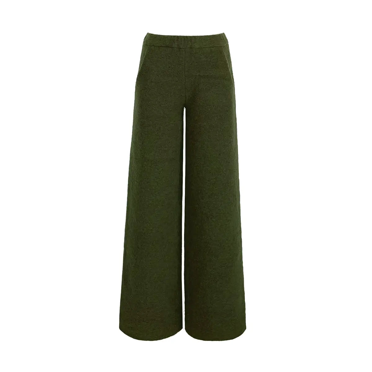 pantalone palazzo MAXIE di Alessandra Gallo in lana cotta verde militare con vita elasticizzata e tasche laterali - vista frontale - The Wool Collection