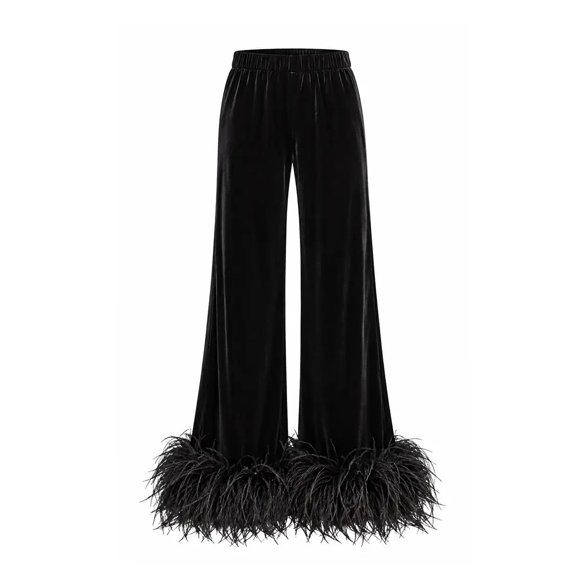 MAXIE, pantalone palazzo in ciniglia nera con piume.