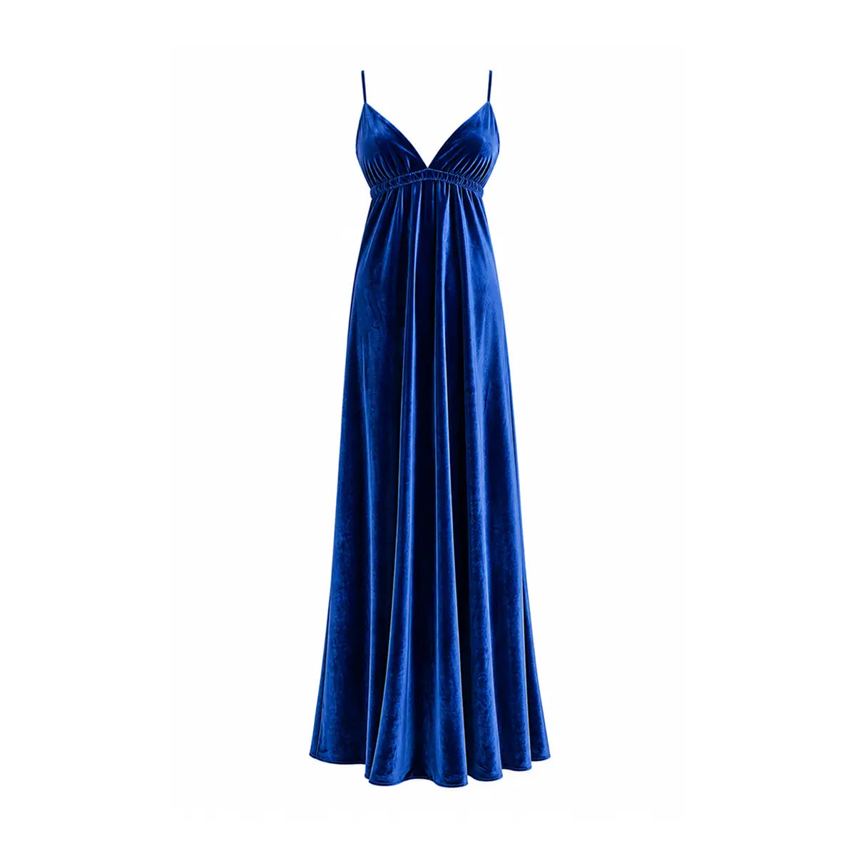 MICOL, abito lungo in ciniglia blu elettrico con scollo a V e spalline sottili.
