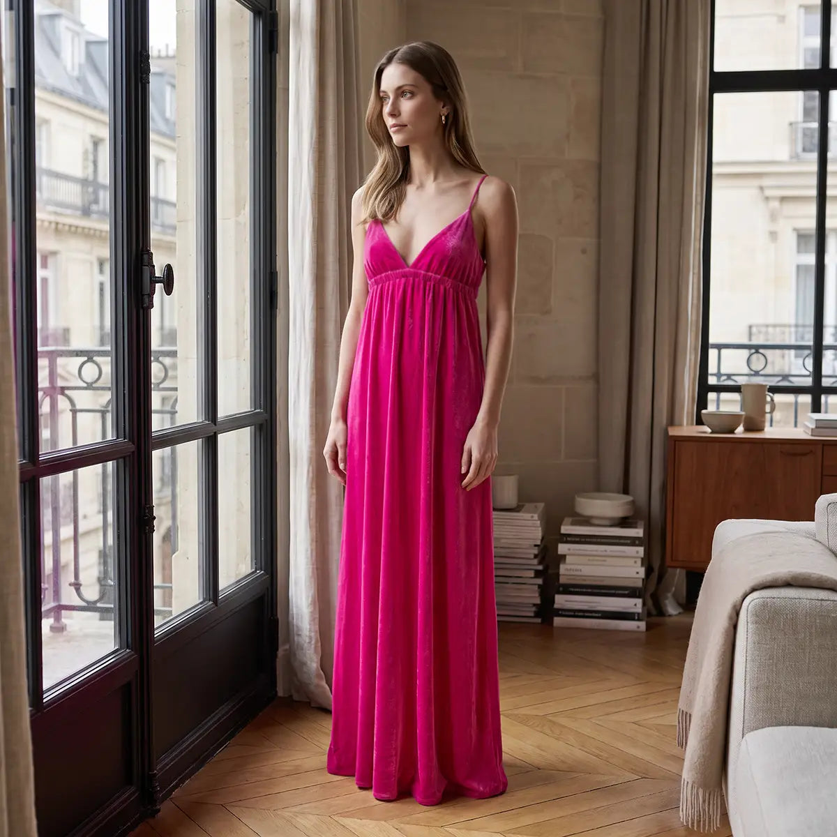 MICOL, abito lungo in ciniglia fucsia con scollo a V e spalline sottili, su modella.