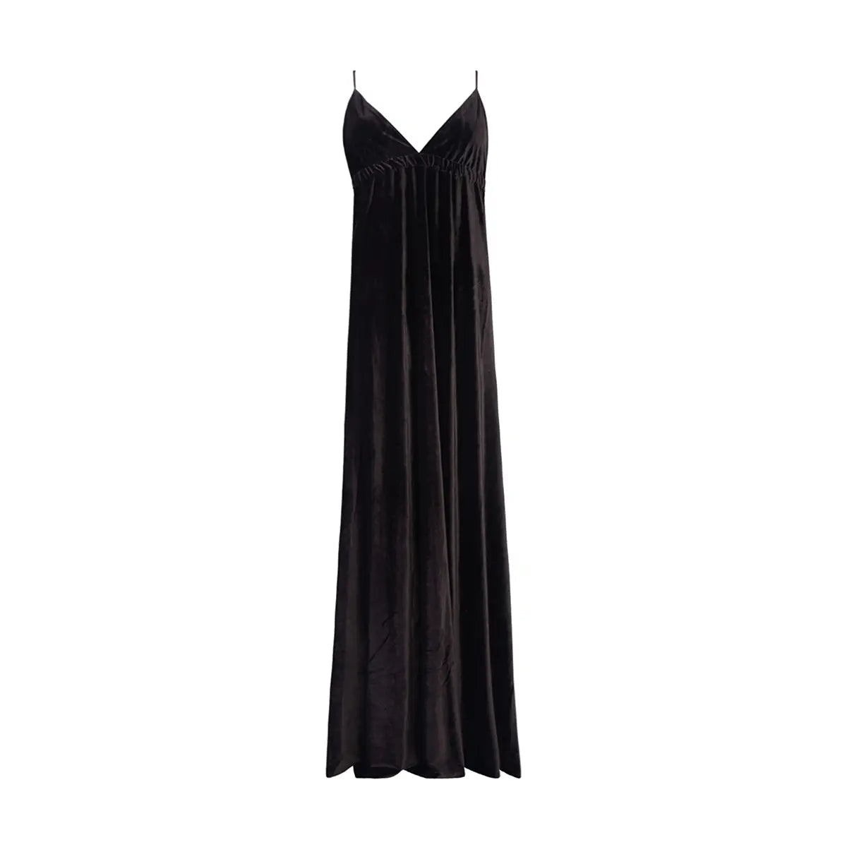 Abito lungo MICOL di Alessandra Gallo in ciniglia marrone con scollatura V e spalline incrociate sulla schiena - vista frontale - Day&Night Collection