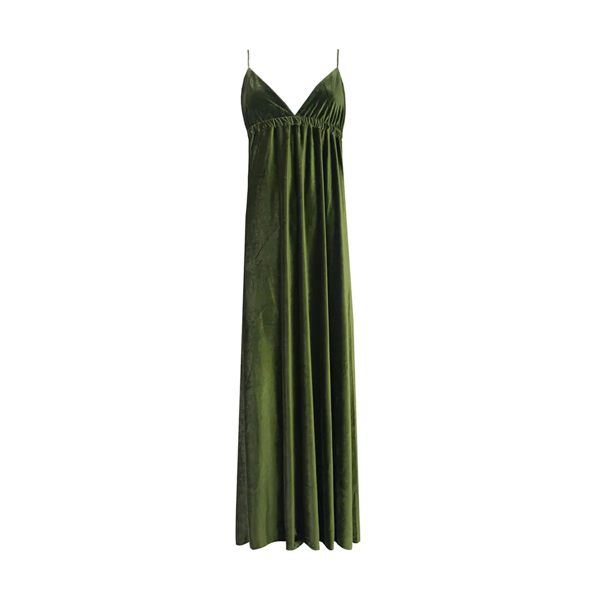 Abito lungo MICOL di Alessandra Gallo in ciniglia verde con scollatura V e spalline incrociate sulla schiena - vista frontale - Day&Night Collection