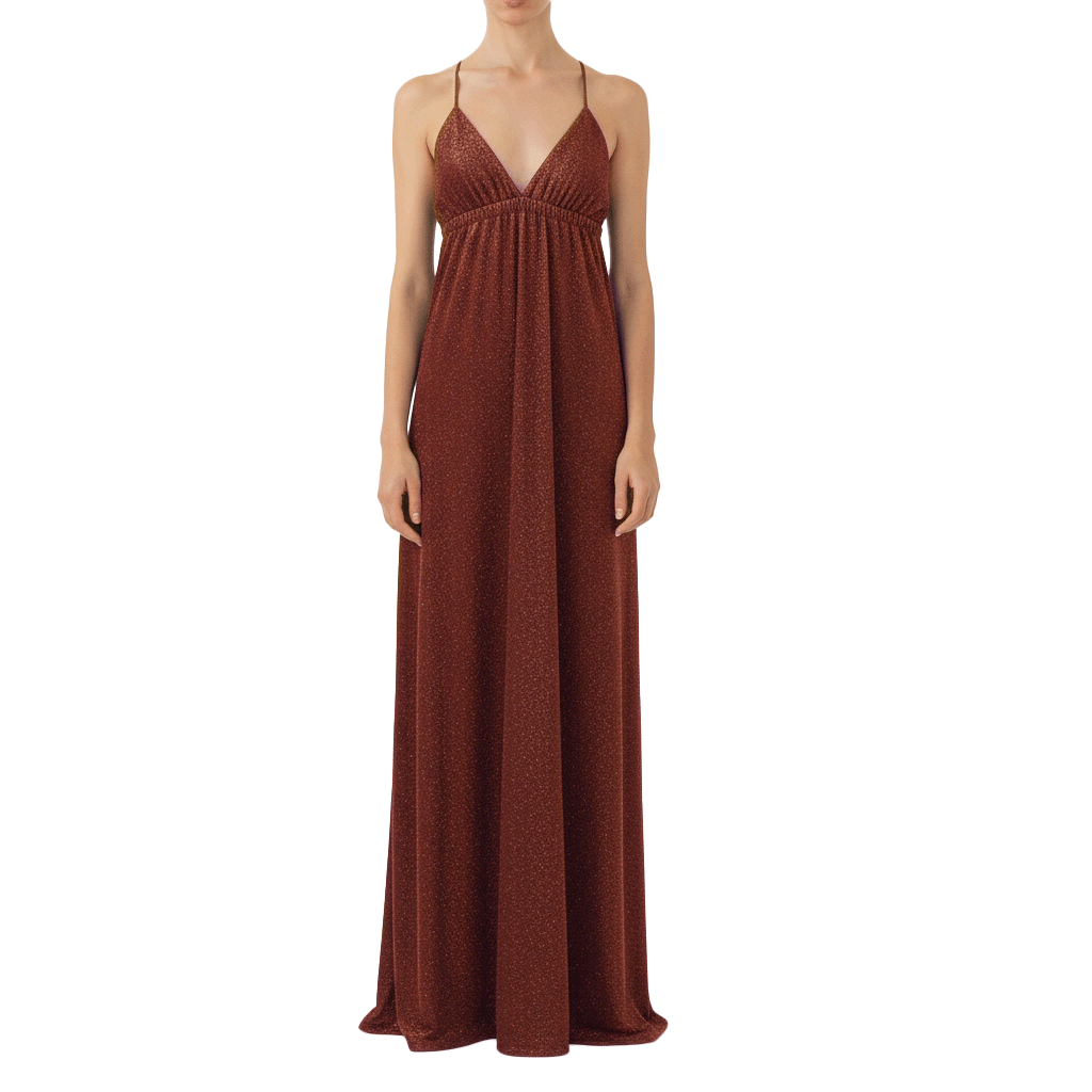 abito lungo MICOL di Alessandra Gallo in lurex bronzo con scollo a V e spalline incrociate sulla schiena nuda- Made in Italy - Stardust Collection - indossato frontale
