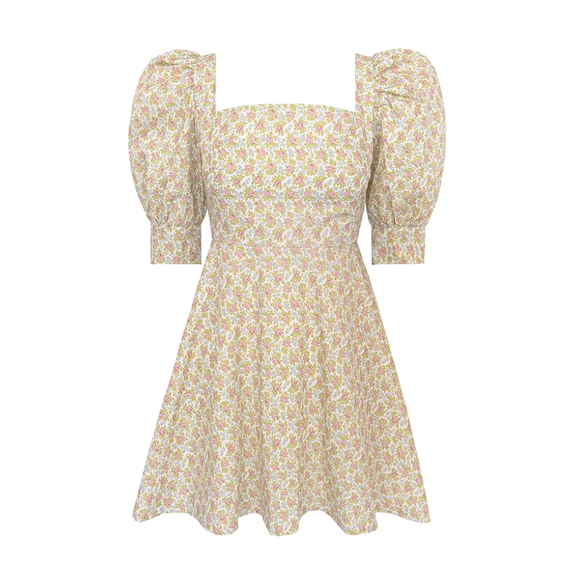 MIMOSA abito corto di Alessandra Gallo con scollo quadrato, maniche a sbuffo a 3/4 in cotone fantasia Ephrussi - Made in Italy - Printemps Collection - vista frontale