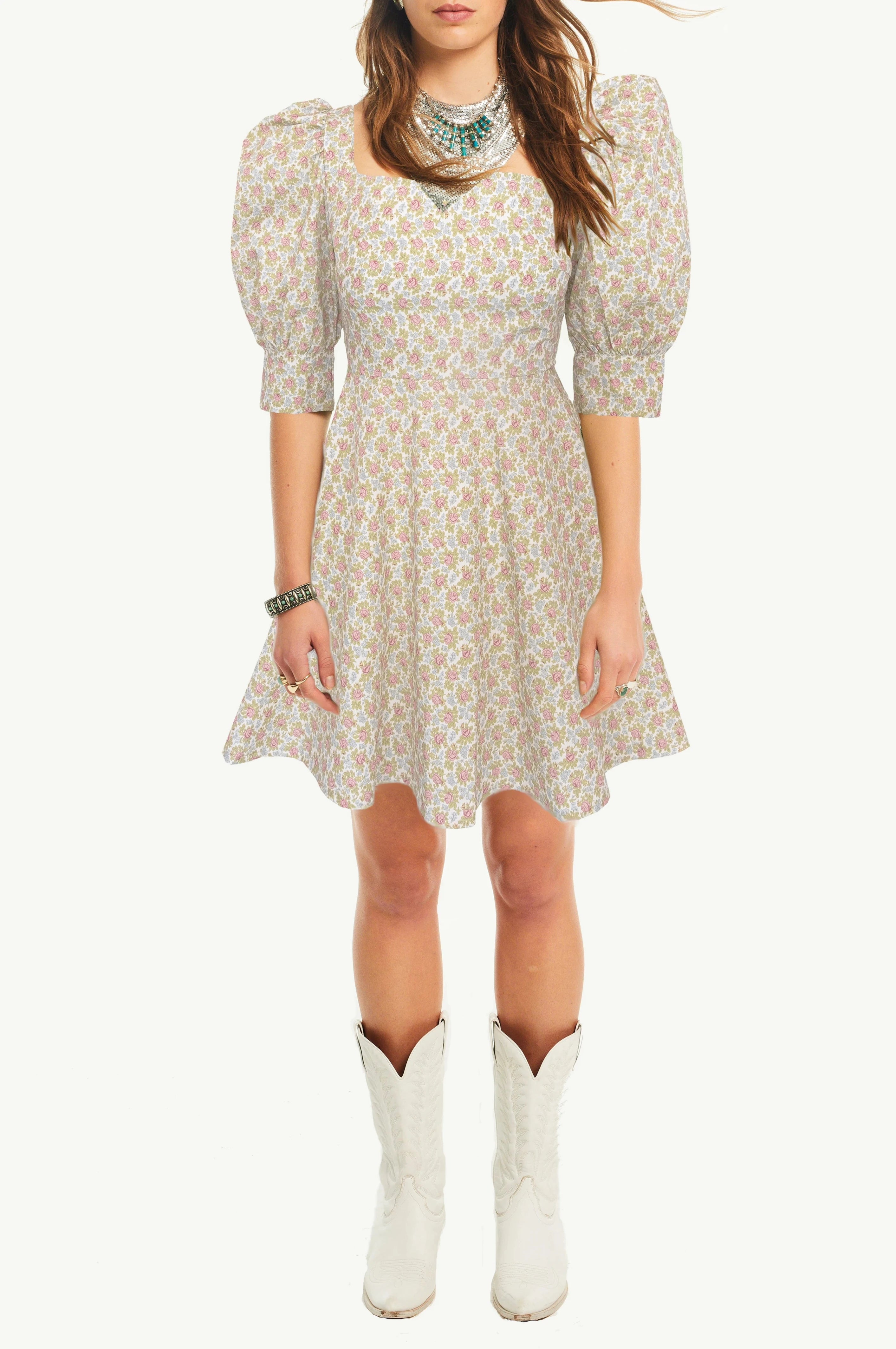 Abito MIMOSA fantasia Ephrussi - vestito midi con scollo quadrato Made in Italy Printemps Collection