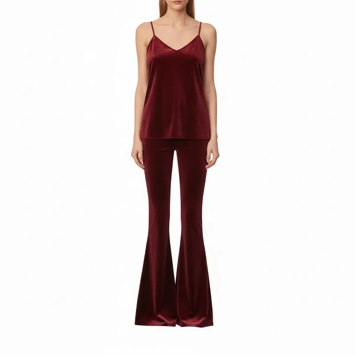 Top MIRTA di Alessandra Gallo in ciniglia bordeaux con spalline sottili - indossata frontale - Day&Night Collection