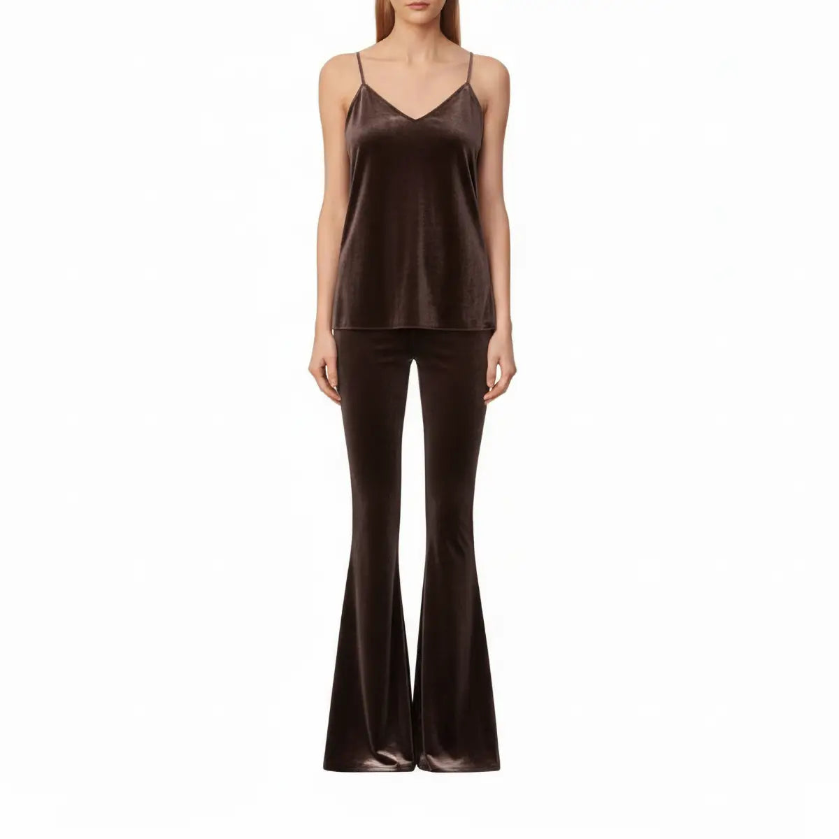 Top MIRTA di Alessandra Gallo in ciniglia marrone con spalline sottili - indossato frontale - Day&Night Collection
