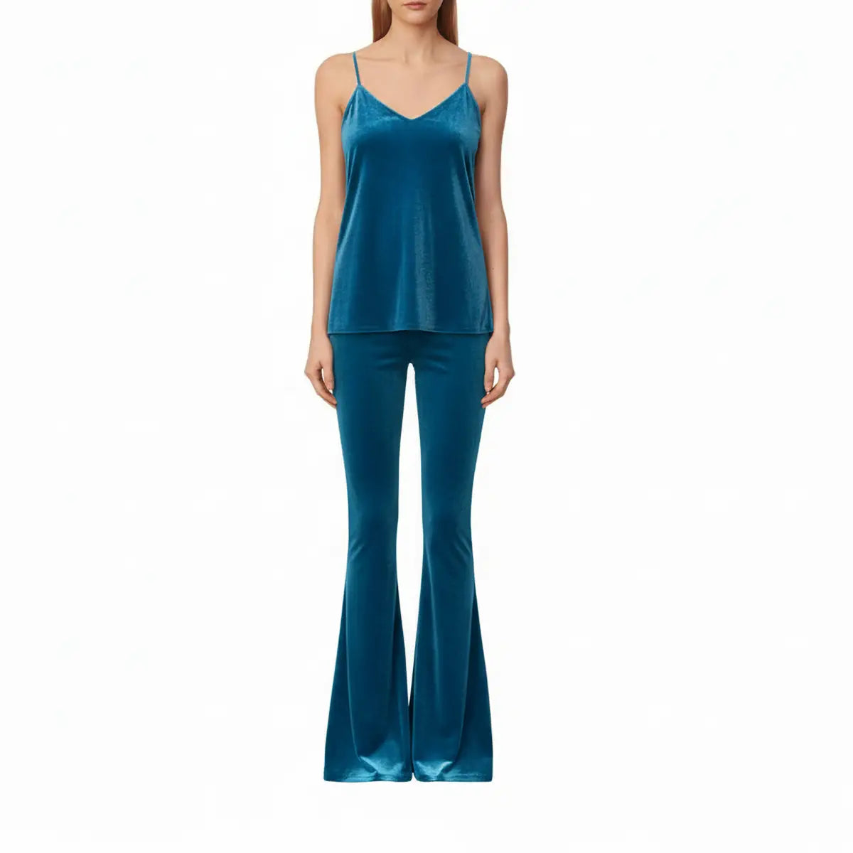 Top MIRTA di Alessandra Gallo in ciniglia ottanio con spalline sottili - indossato frontale - Day&Night Collection