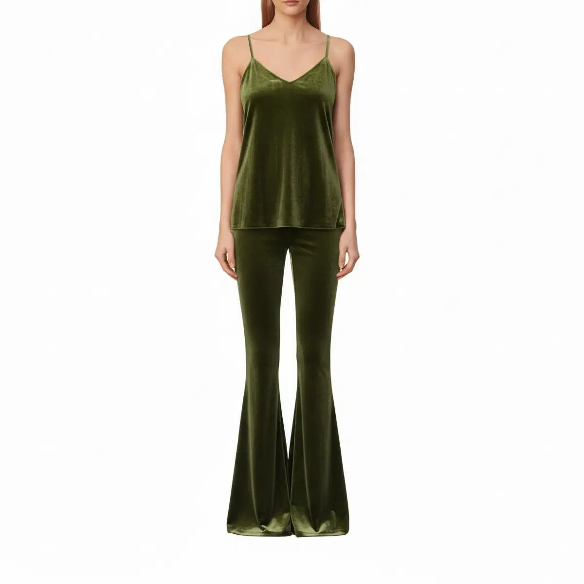 Top MIRTA di Alessandra Gallo in ciniglia verde militare con spalline sottili - indossato frontale - Day&Night Collection