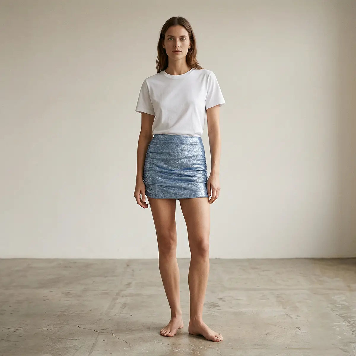 minigonna NINA di Alessandra Gallo in lurex azzurro con arricciature drappeggiati - indossato frontale - Stardust Collection