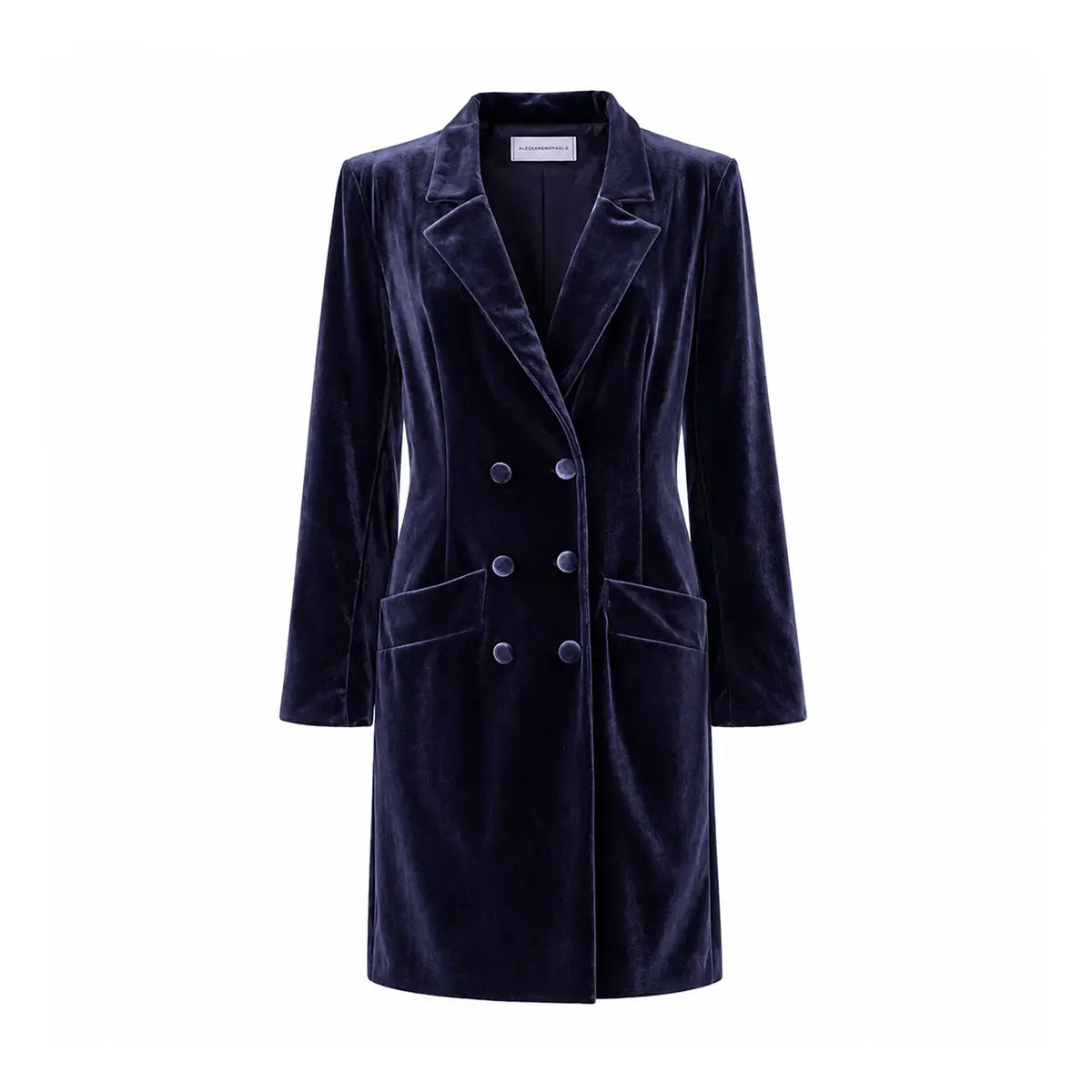 NORA, robe manteau doppiopetto in ciniglia blu con revers e bottoni sul davanti.