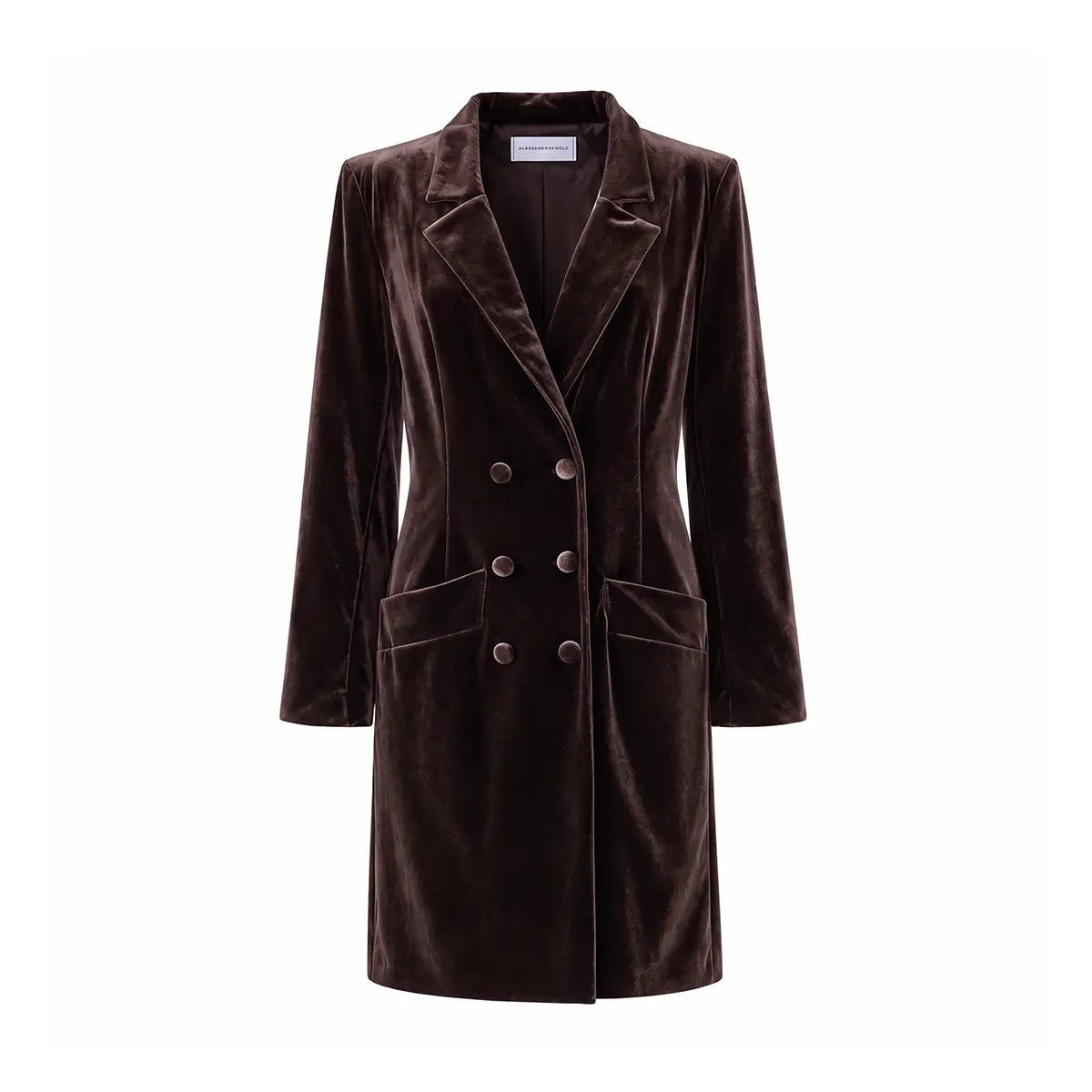 NORA, robe manteau doppiopetto in ciniglia marrone con revers e bottoni sul davanti.