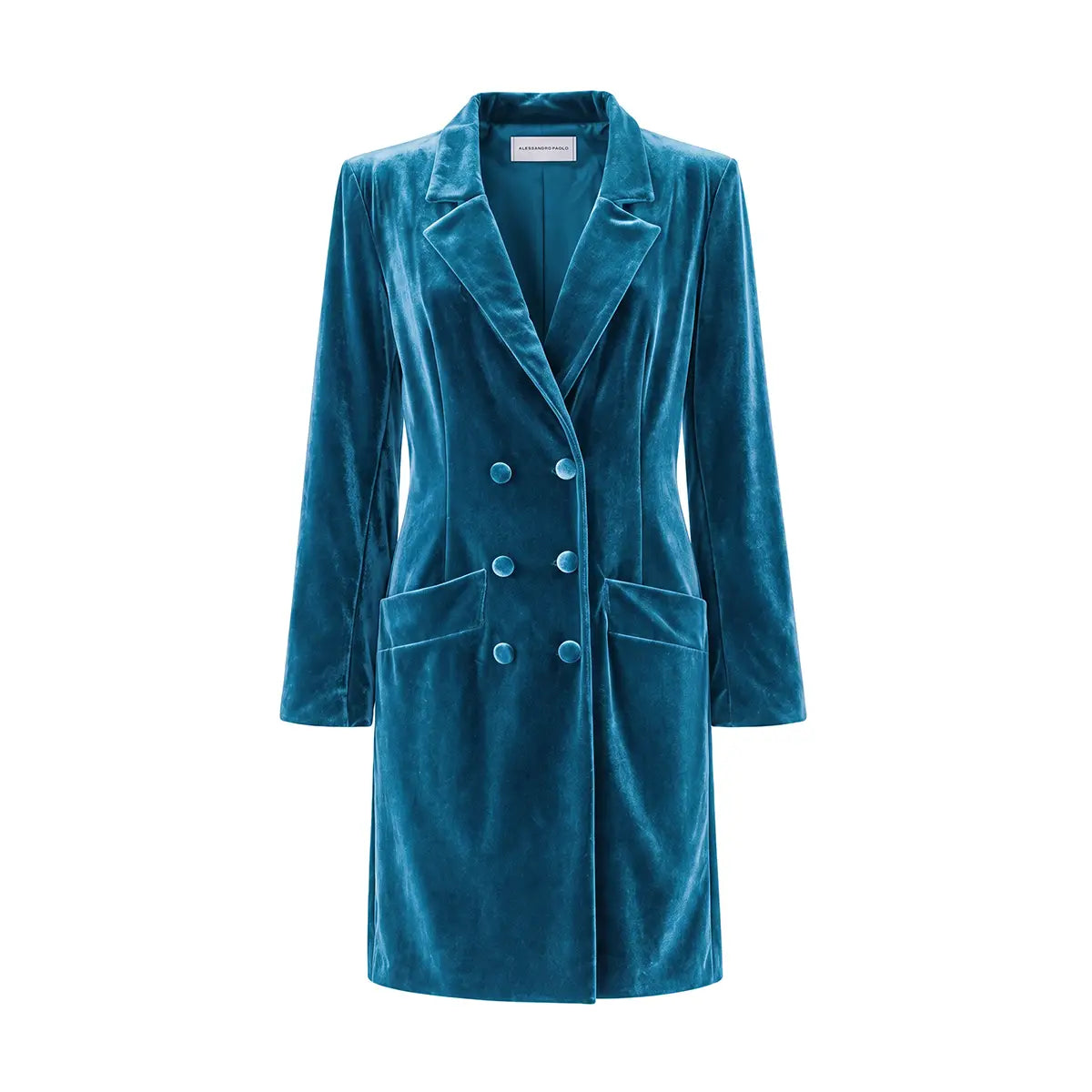 NORA, robe manteau doppiopetto in ciniglia ottanio con revers e bottoni sul davanti.