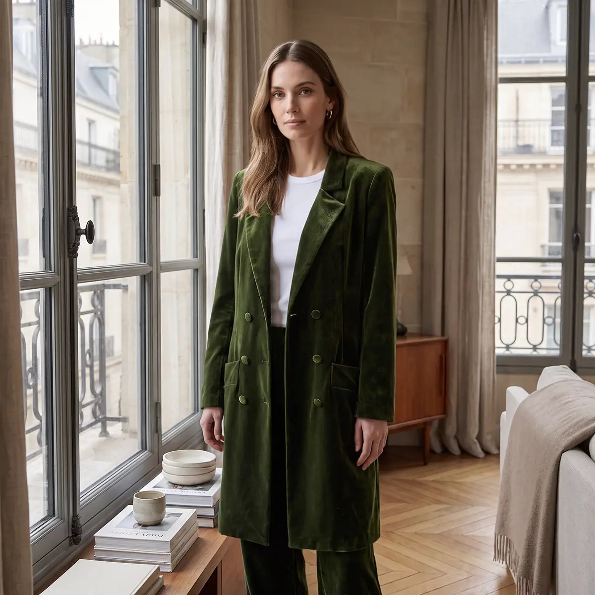 NORA, robe manteau doppiopetto in ciniglia verde con revers e bottoni sul davanti, su modella.